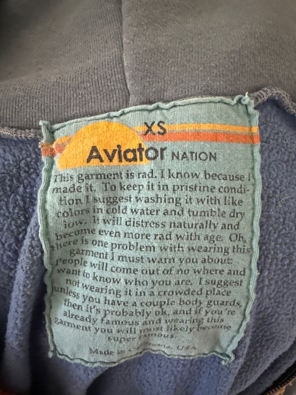 Aviator Nation Teal Zip Hoodie with Rainbow Stripes - Picture 3 of 3